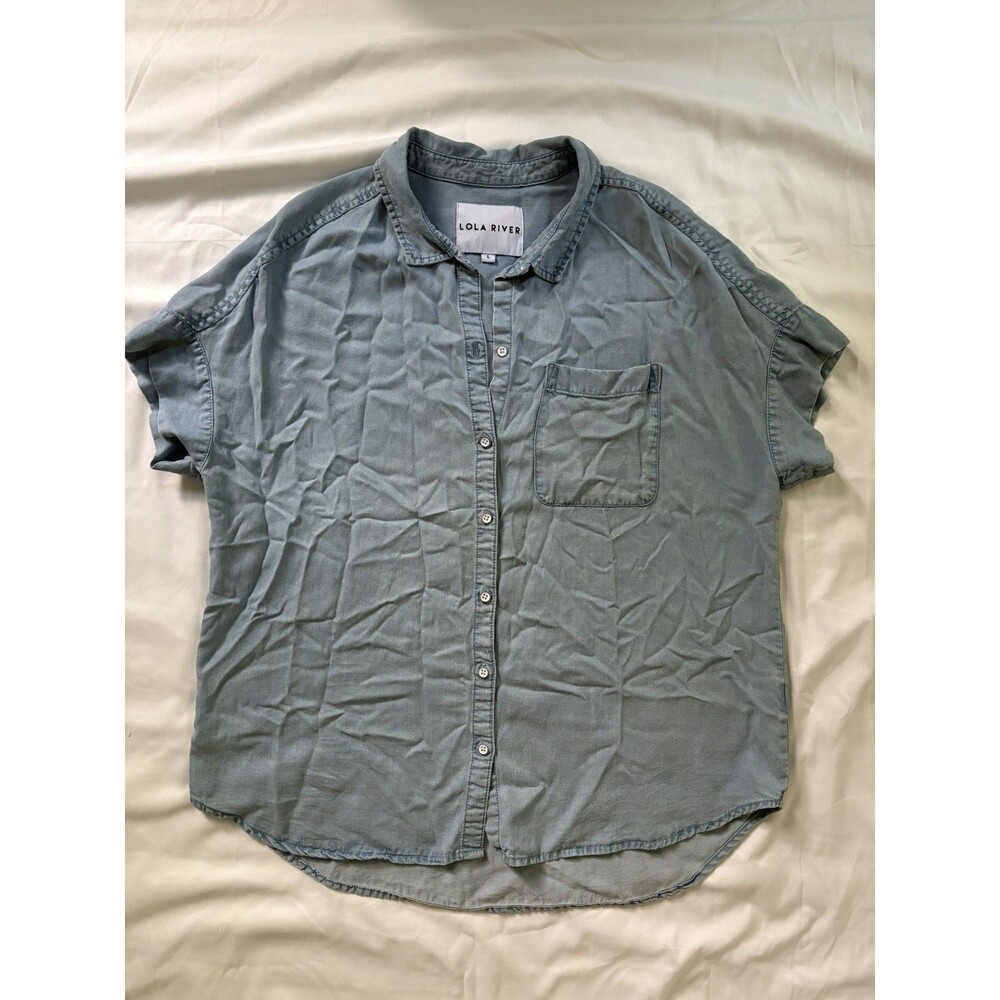 Lola River Womens Denim Button-Up Shirt 100% Cotton Boxy Short Sleeve Size Large